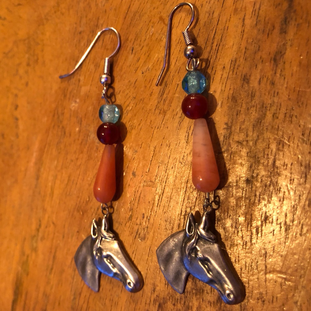 Horse Pendant Earrings with Carnelian, Glass & Acrylic Beaded Earrings w/ Silver